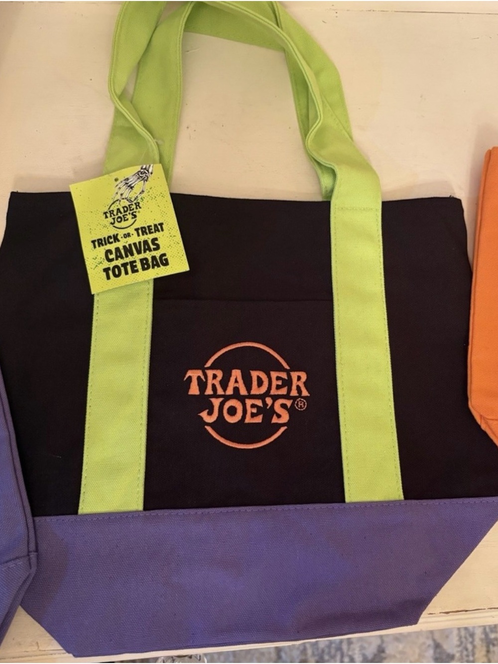 Trader Joe's Halloween Tote with Black, Lime Green Straps and Purple Base